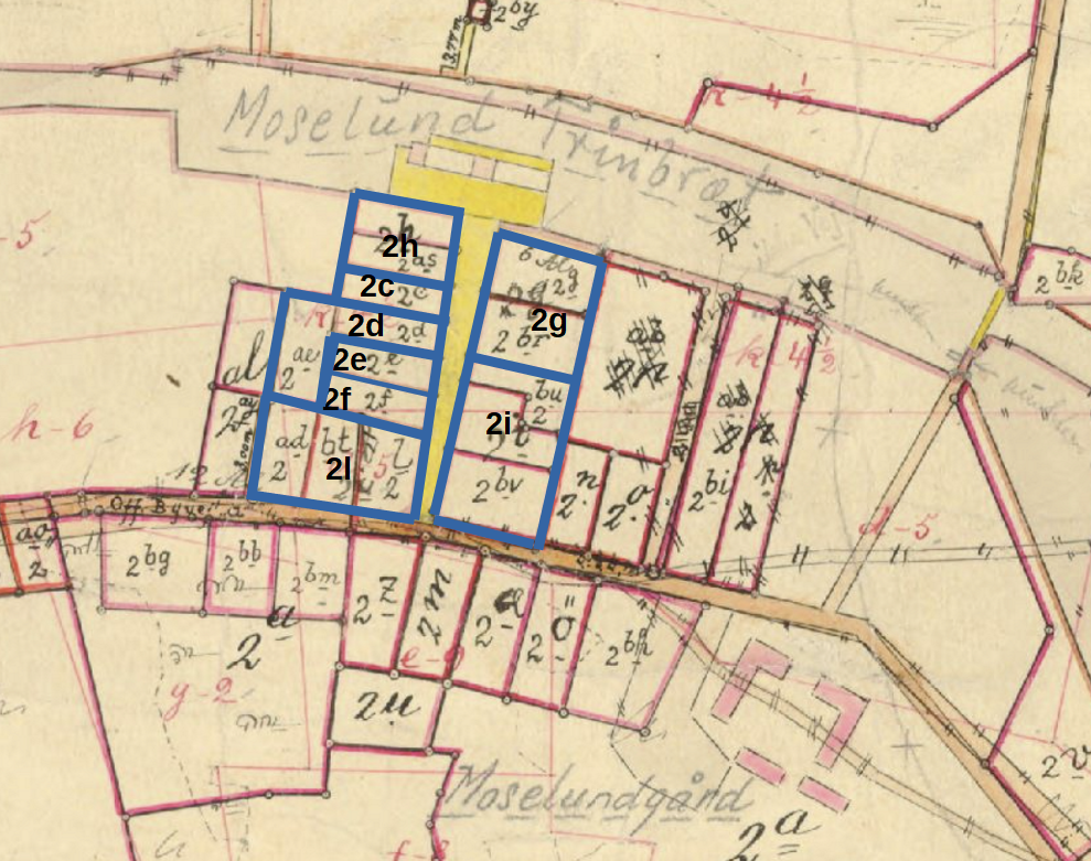 Moselundvejs oprindelige matrikler indtagenet på matrikelkort fra "Historiske kort på Nettet"